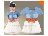 Vestido Infantil Jeans com Saia Tule e Cinto