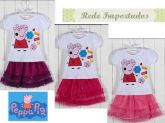 Conjunto Peppa Pig 3 cores Saia Tule + Blusa